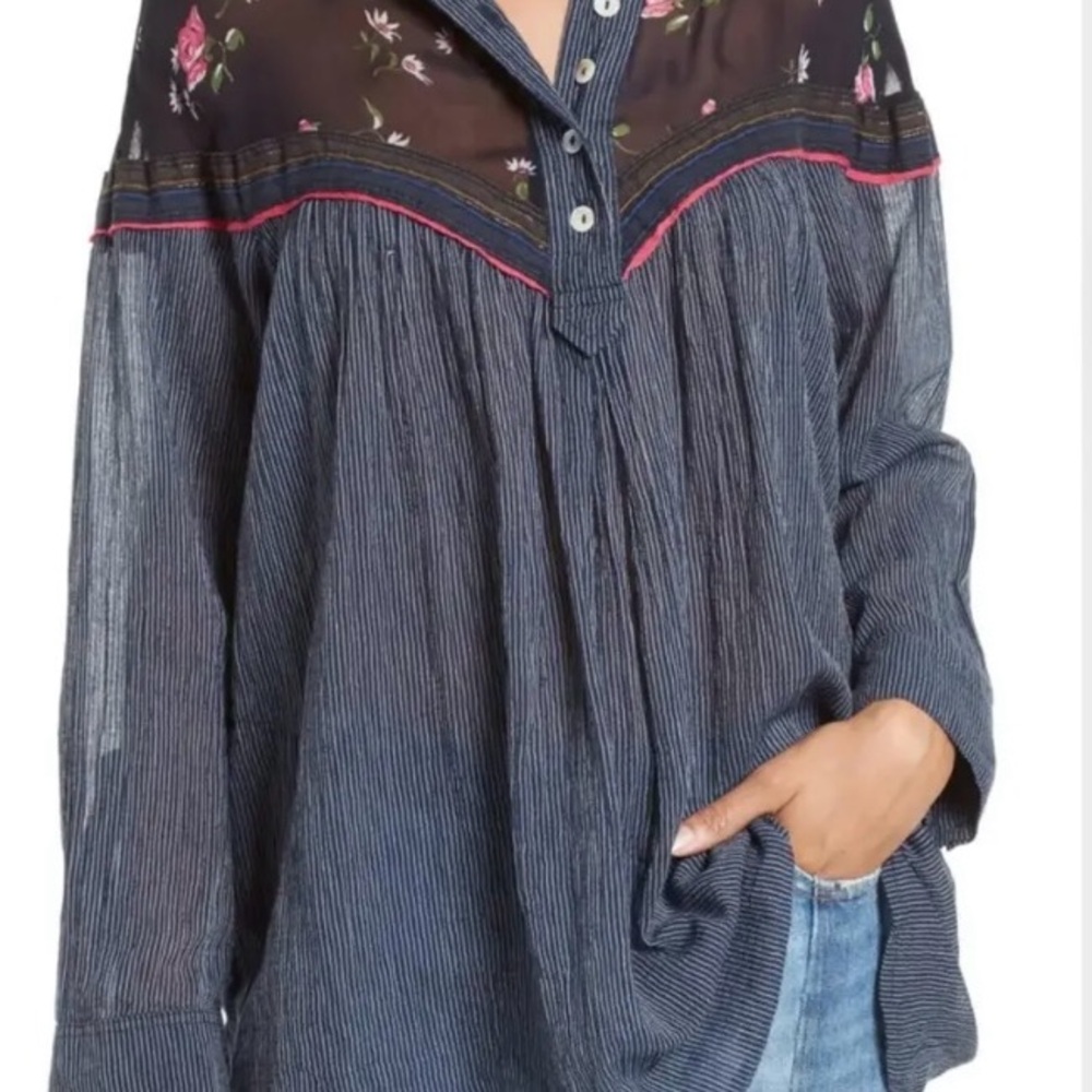 Free People Navy and Black Floral Blouse